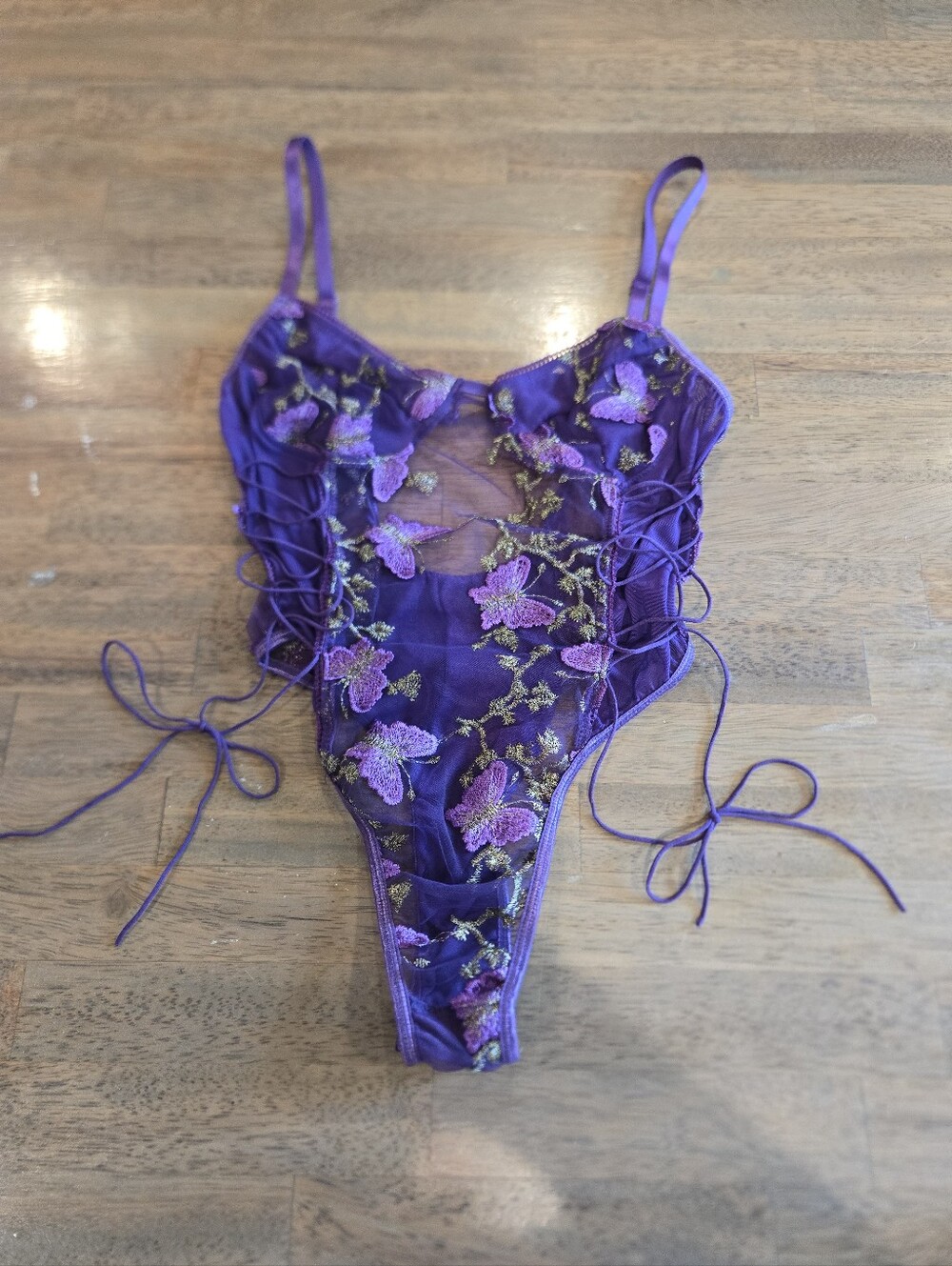 Sheer Purple Floral Embroidered Lace Teddy